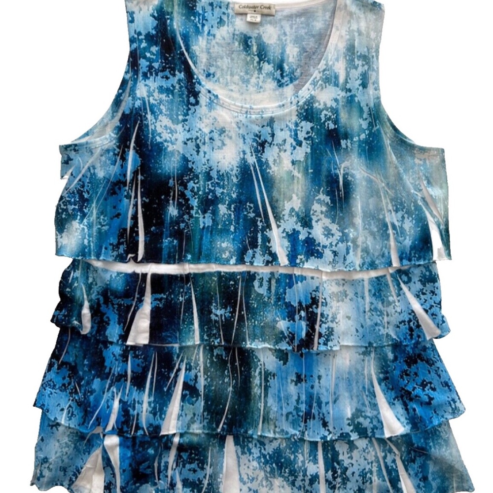 Coldwater Creek Top Sleeveless Women's Tie Dyed Batik Blue/White Ruffle …